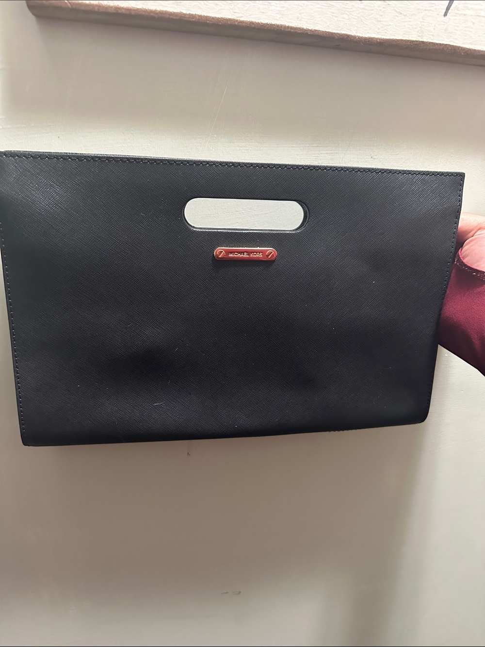 Michael Kors Black Saffiano Leather Cutout Handle Clutch with Gold Logo